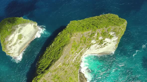 Aerial View of Big Blue Sea Wave Viewpoint, Beautifulbeach of Kelingking in Nusa Penid, Drone Shot