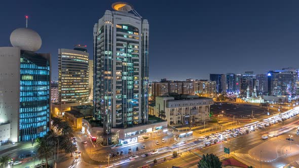 Dubai Creek Area Surrounded By Modern Buildings and Busy Traffic Street Night Timelapse