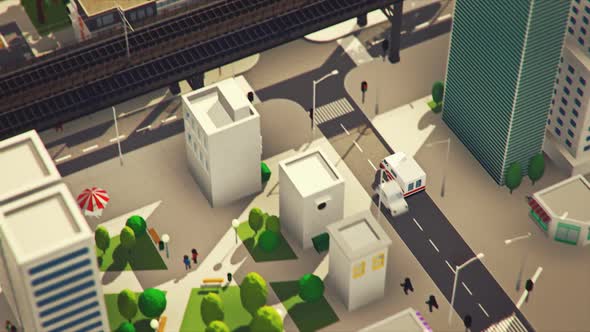 Aerial view of the low poly cityscape. An ambulance is driving to the hospital.