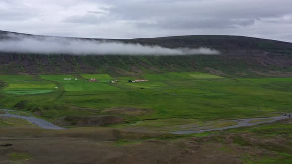 Iceland. Aerial view on mountain, field and river. Landscape in Iceland at the day time