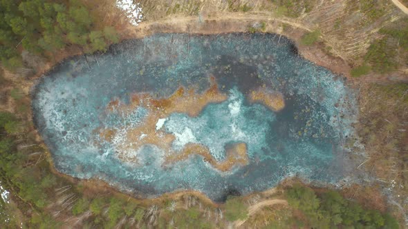 AERIAL: Frozen Blue Water Pond in Forest in Lithuania Wilderness