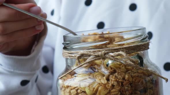 Slow Motion Female Hands Woman Eating Healthy Breakfast