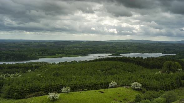 Time Lapse of Panoramic Nature Landscape on Spring Day with Moving Clouds in rural Ireland.