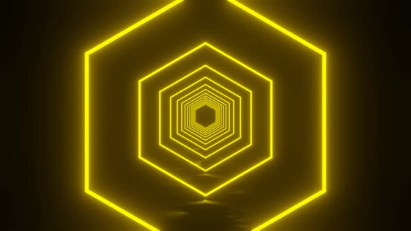 Seamless futuristic tunnel with neon glowing yellow hexagons. Abstract loop sci-fi motion graphic