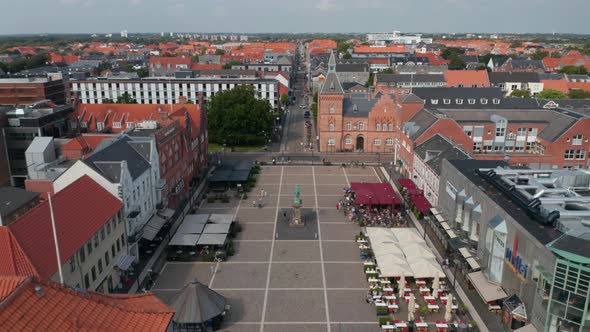 Aerial View of the Famous Torvet Square in Esbjerg Denmark with the Statue of Christian IX and the