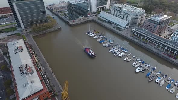 Aerial scene with drones. Aerial camera with orbital rotation. Puerto Madero, Buenos Aires - Argenti