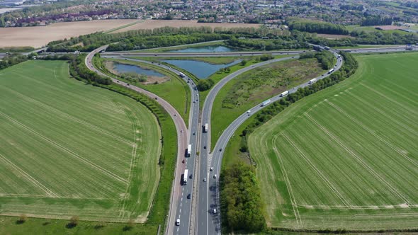 Aerial view of highway interchange. 