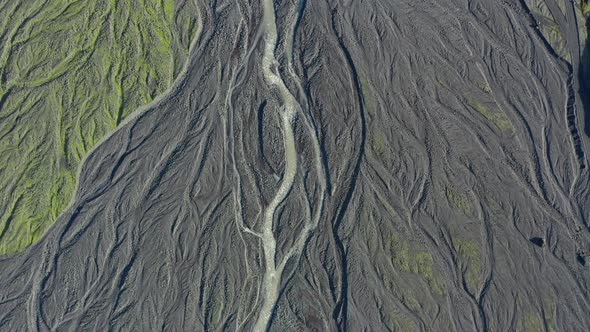 Drone Over Landscape With Dry Riverbed Of Braided River