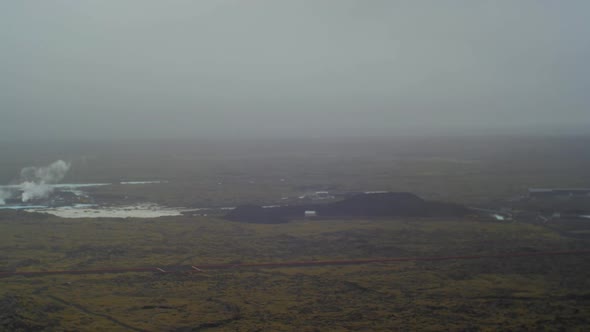 volcanic iceland landscape,blue lagoon area,  svartsengi power plant, camera movement, camera pan fr