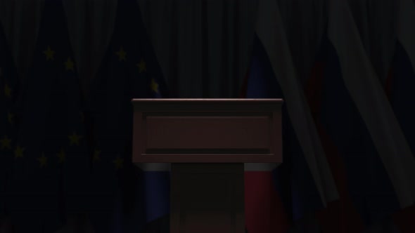 Flags of Russia and the European Union and Tribune alt