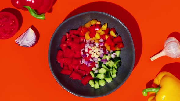 Tomato gazpacho soup with pepper and garlic, Spanish cuisine. Stop motion animation.