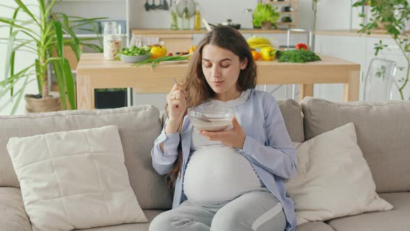 Beautiful Pregnant Woman Eating Healthy Breakfast Muesli With Nuts on the Couch