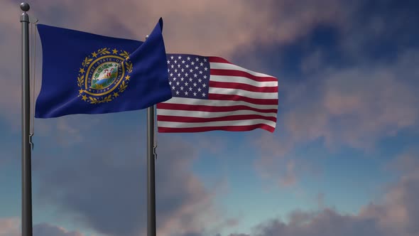 New Hampshire  State Flag Waving Along With The National Flag Of The USA - 4K