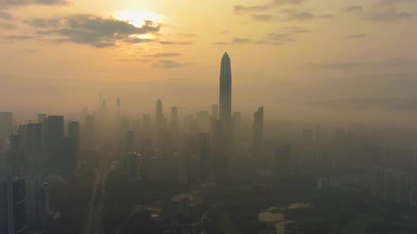 Shenzhen Urban Skyline in Fog in the Morning. Futian District. China. Aerial View