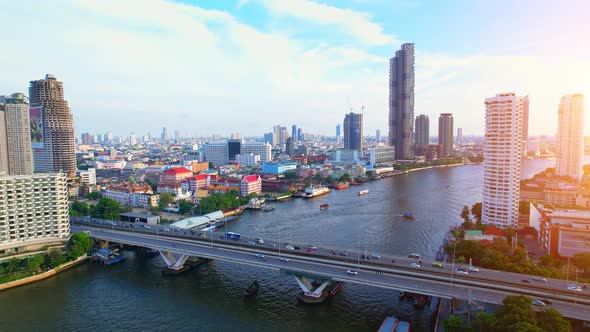 Aerial view over Bangkok city and Chao phraya river