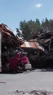 Vertical Video of Burnt Cars During the War in Ukraine