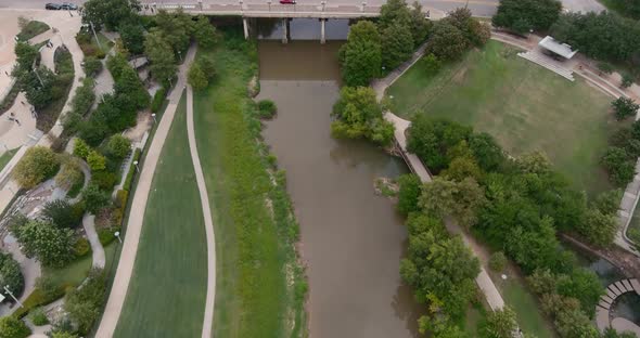 Aerial view of the Buffalo Bayou that runs throughout all of Houston. This video was film in 6k and