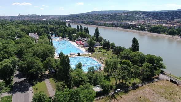 Aerial view of Palatinus Strand Baths on Margaret island, Budapest, Hungary