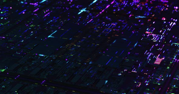 Abstract circuit with neon lines and dots connecting together.