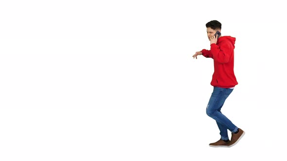 Casual Hip-hop Man Walking and Talking on the Phone and Dancing on White Background.
