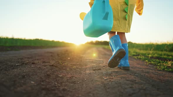 View Back Baby Boy Walks Along Rural Country Road Through Field in Rubber Boots and Raincoat with