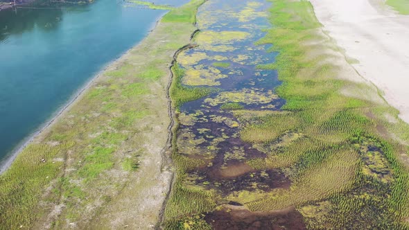 Aerial view of Kaliganga river in Dhaka, Bangladesh.