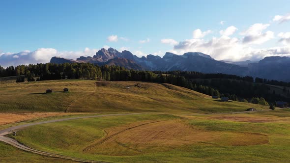 Alpe di Siusi, Dolomite Alps, Italy. Aerial landscape from drone.