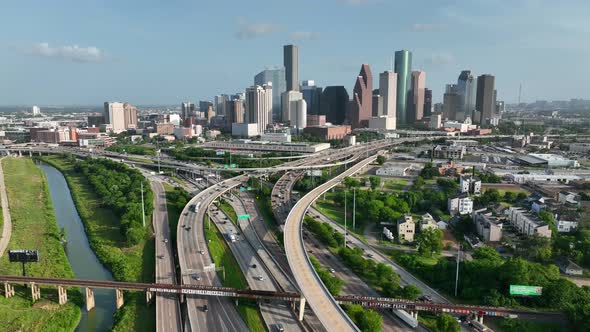 Houston Texas skyline in Harris County TX. Aerial of freeway with skyscrapers on horizon. Beautiful