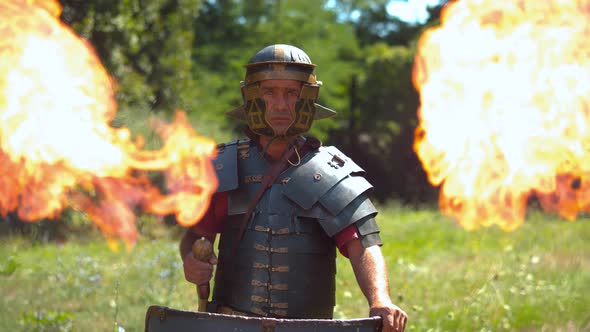 Roman soldier and flames, ultra slow motion