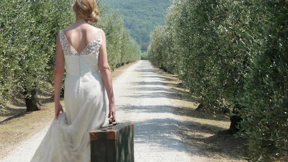 Bride on on rural road with suitcase, rear view