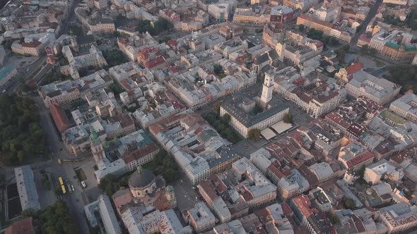 Aerial City Lviv, Ukraine. European City. Popular Areas of the City. Town Hall