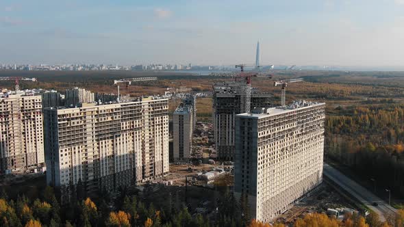 Construction Site of Highrise Buildings on City Outskirts