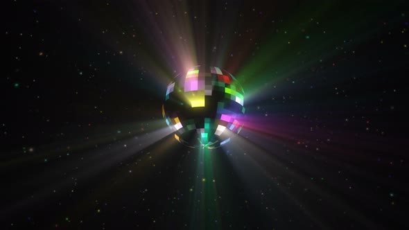 Seamless Animation of the Rotation of a Colorful Multi-colored Disco Ball with Particles and Rays