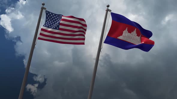 Waving Flags Of The United States And The Cambodia 2K