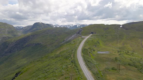 Drone View Of Vikafjell Mountain Road With Tunnel In Vik i Sogn, Norway. aerial