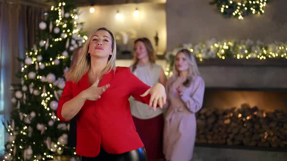 Merry Party in New Year and Christmas Holidays Drunk Woman is Dancing