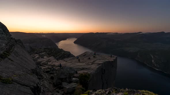 Time lapse of golden sunrise at Pulpit Rock overlooking Lysefjorden