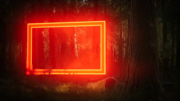 Neon Glowing Rectangle Frame in the Night Forest alt