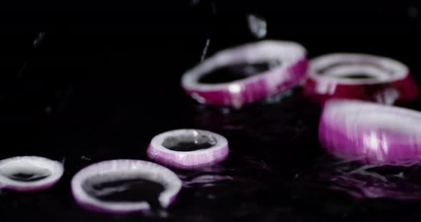 Slices of Red Onion Falling on the Water with a Splash. 