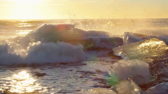 Icebergs Floating and Melting in Stormy Ocean