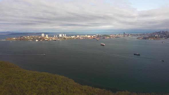 Panoramic Aerial View of the Strait and the Bridge at Dawn