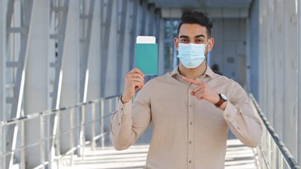 Male Portrait Indoors Hispanic Male Businessman Traveler Wears Face Mask Holding Passport in Hands