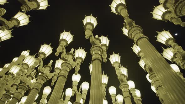 Urban Light installation, in Los Angeles, at night