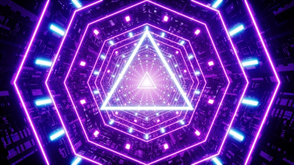 Glowing Purple Triangle Light in the Octagon Shape Technology Tunnel