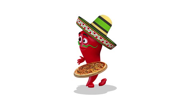 Chili Pepper Dancing With Pizza on White Background