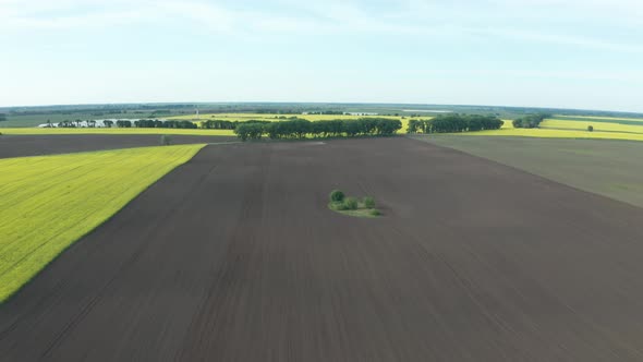 Drone View of Plowed Soil and Blooming Fields