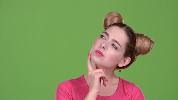 Girl Reflects on Important Situations. Green Screen. Close Up. Slow Motion