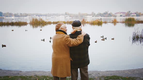 Loving Elderly Pair Hugging and Talking Standing on Bank of a River with Ducks and Gulls Floating in