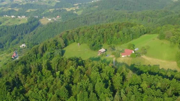 High land cattle breeding farms with lots of green fields and forests all around. Aerial 4k view.