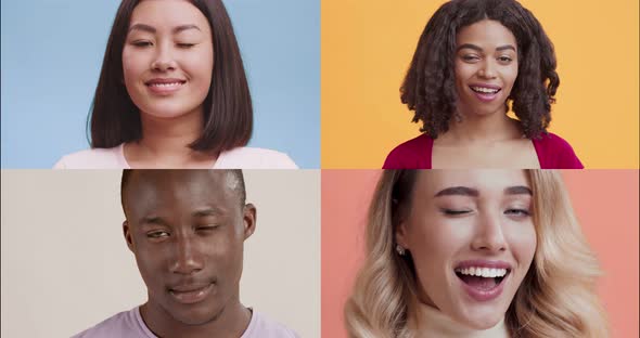 Creative Collage of Young Playful Diverse People Smiling and Winking at Camera Over Colorful